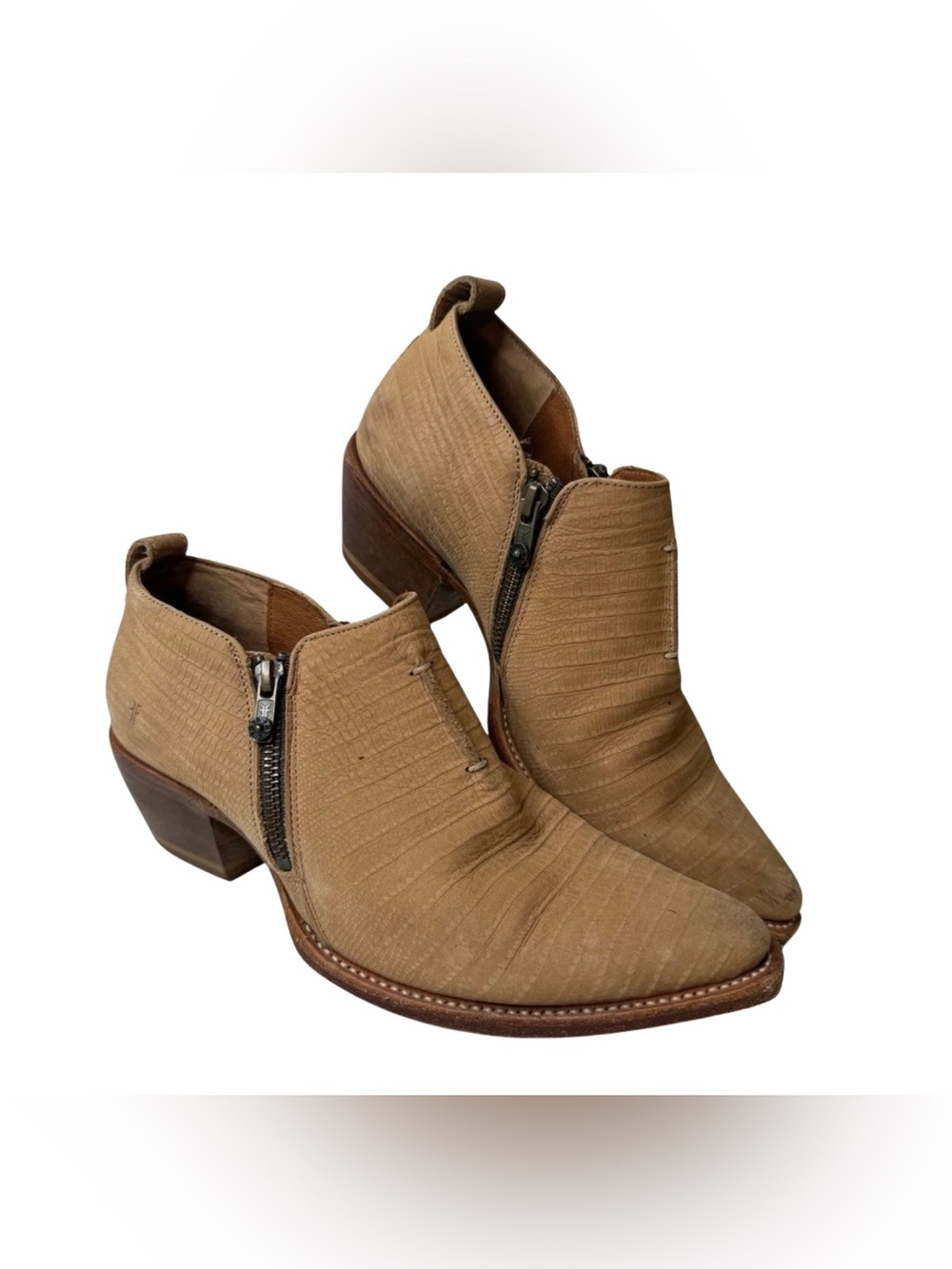 Frye Sacha Moto Shootie Brown Embossed Leather Ankle Boots Size 7.5B